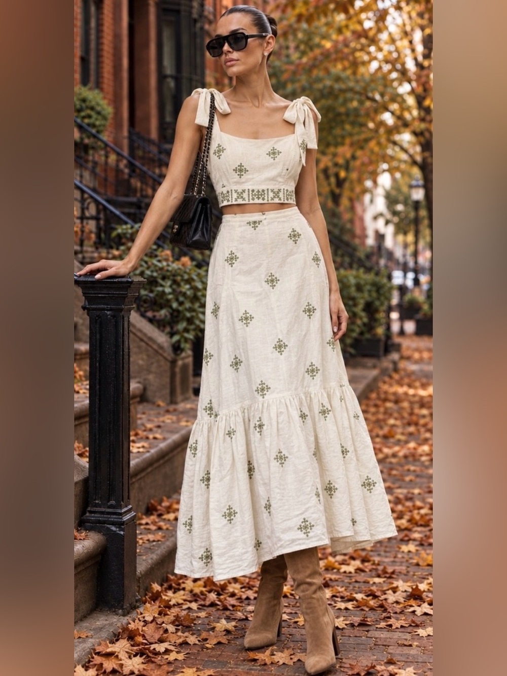 House of Harlow 1960 Boho Embroidered Cotton Maxi Skirt Ivory M